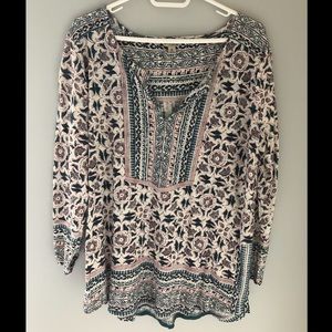 Cream and Teal Patterned Lucky Brand 3/4Sleeve Top